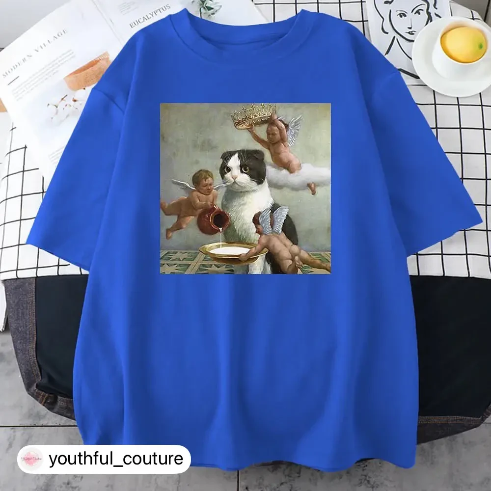 Жіноча стильна оверсайз Футболка LOYS з принтом Кіт та Ангели Блакитний, фото 1