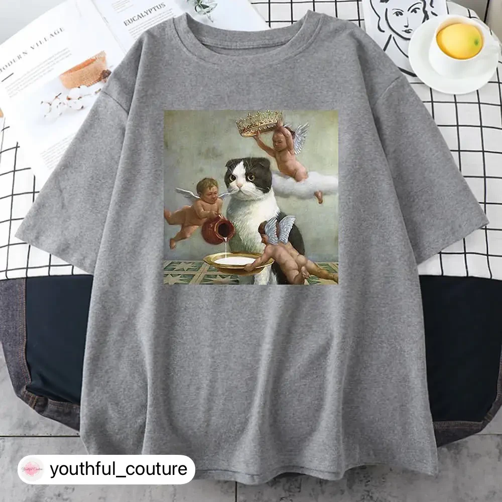 Жіноча стильна оверсайз Футболка LOYS з принтом Кіт та Ангели Сірий, фото 1