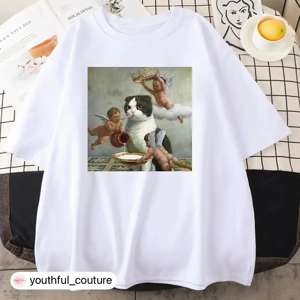 Жіноча стильна оверсайз Футболка LOYS з принтом Кіт та Ангели Білий, фото 1