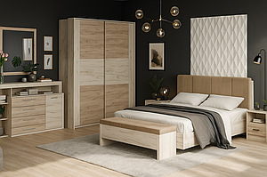 Набір меблів в сучасну спальню комплект Кім з ліжком шафою-купе комодом дзеркалом та приліжковими тумбами дуб крафт білий/сан ремо