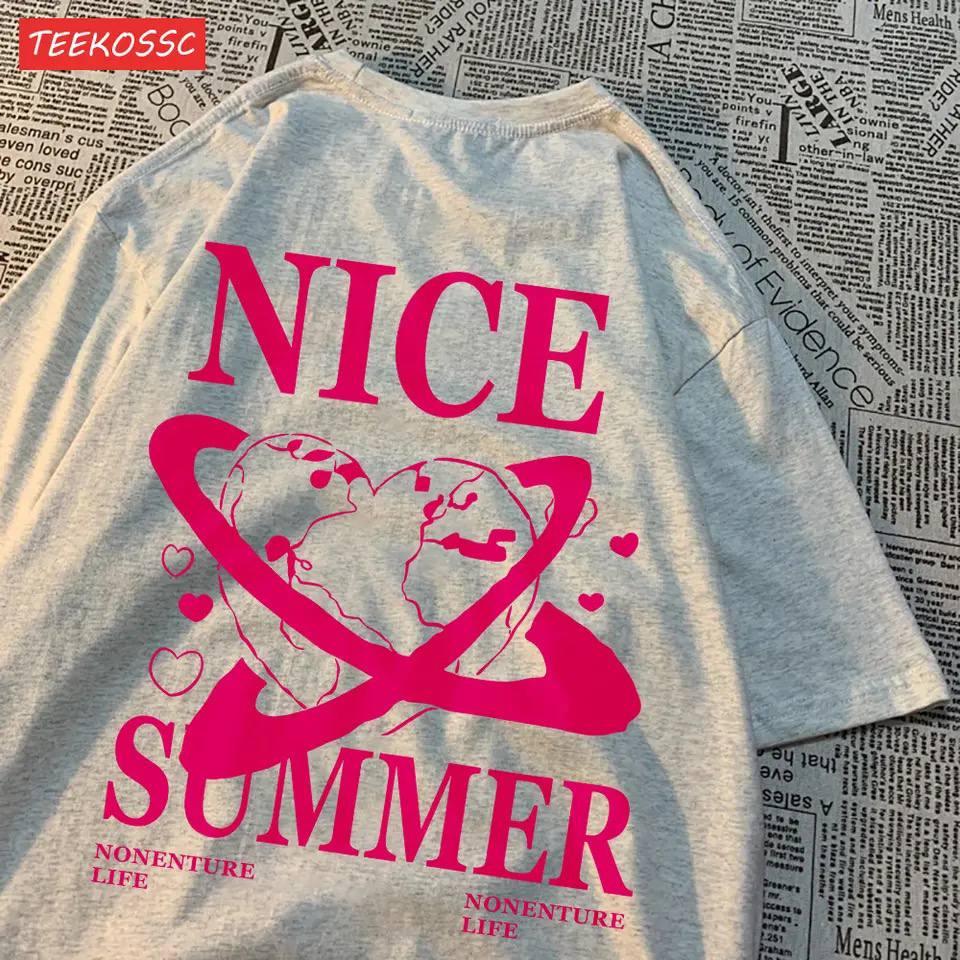 Жіноча оверсайз Футболка LOYS з принтом Nice Summer Сірий, фото 1