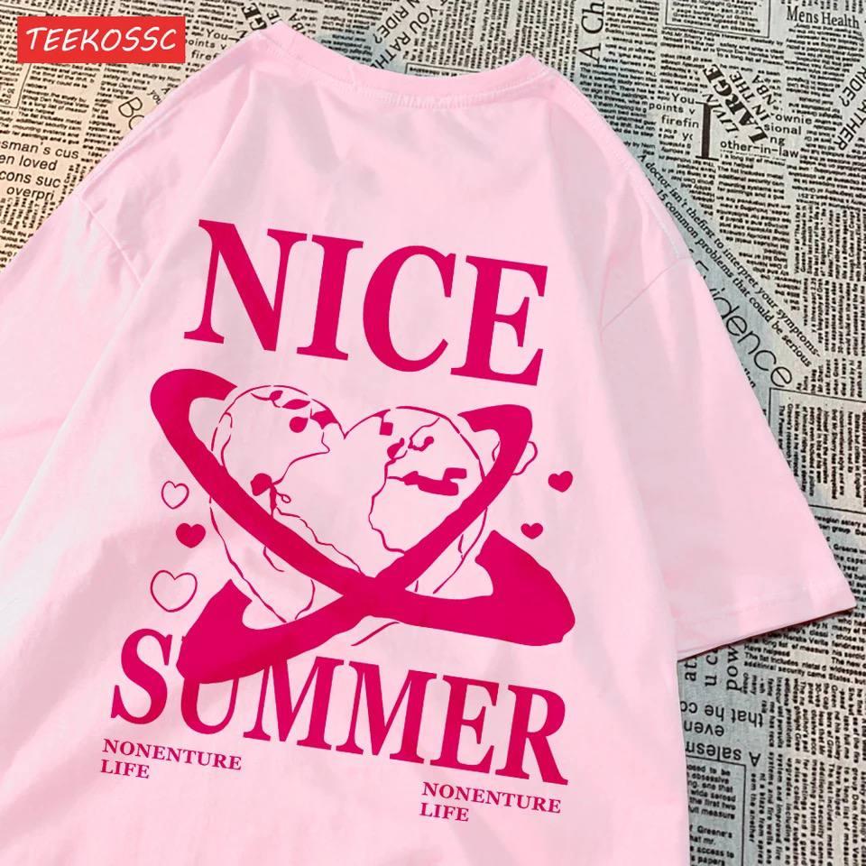 Жіноча оверсайз Футболка LOYS з принтом Nice Summer Рожевий, фото 1