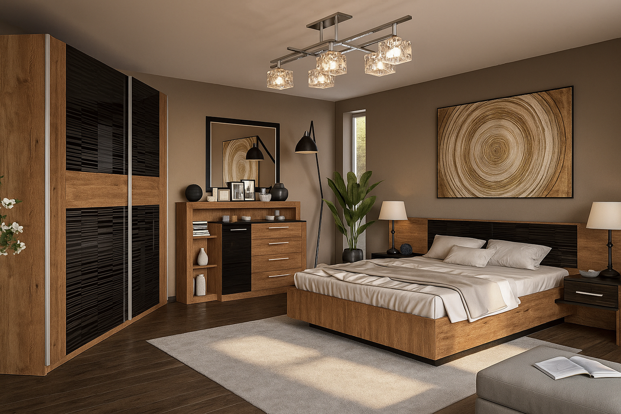 Стильна сучасна спальня меблі в спальню з шафою-купе та комодом дуб апріл чорний Фієста Мебель Сервіс