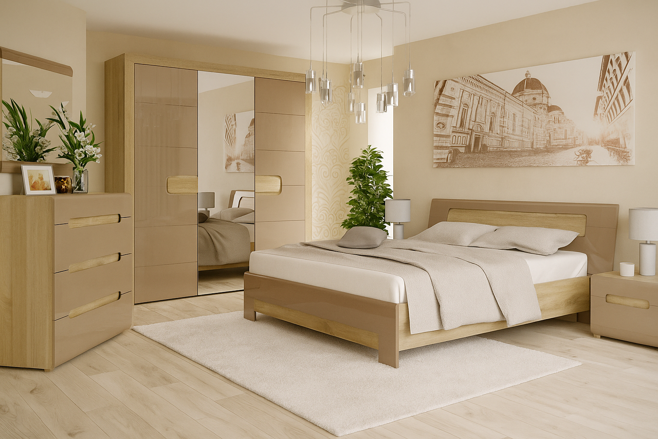 Стильна сучасна модульна спальня в кольорі капучино без ручок з шафою та комодом Флоренс Мебель Сервіс