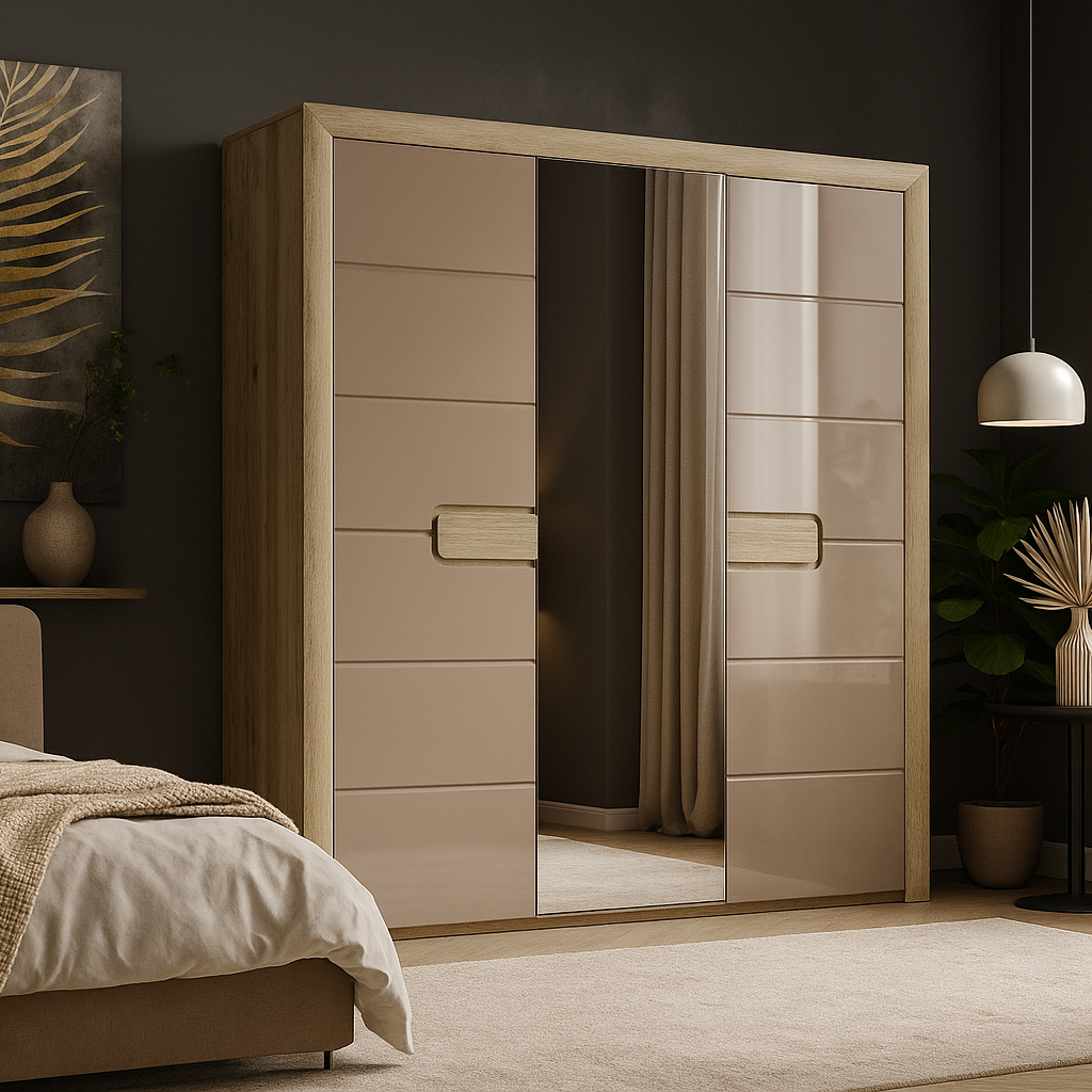 Сучасна розпашна шафа тридверна з дзеркалом без ручок для одягу в спальню 190 см Флоренс Мебель Сервіс