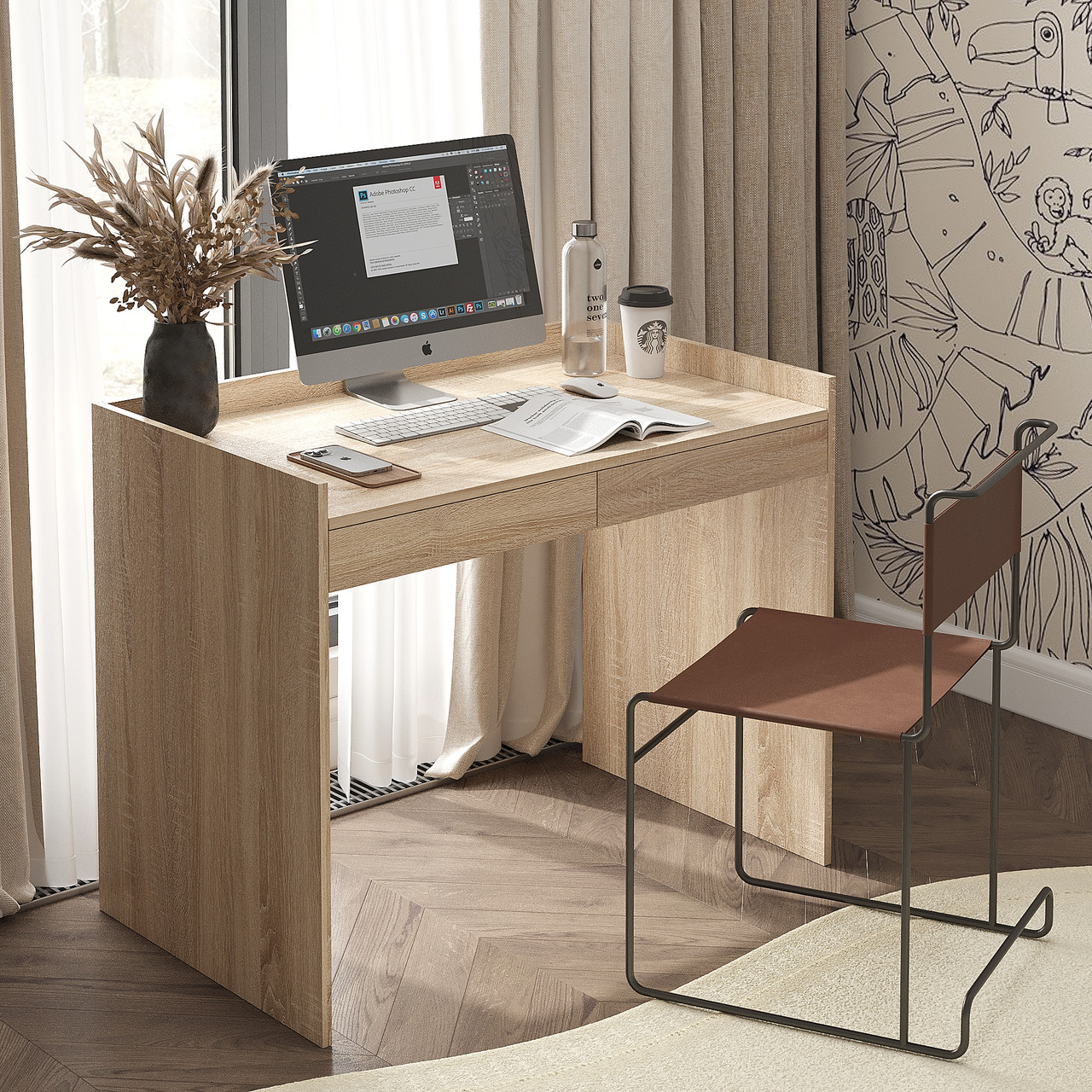 Письмовий стіл з бортиками та двома шухлядами 800×1000×600 мм Дуб Сонома, фото 1