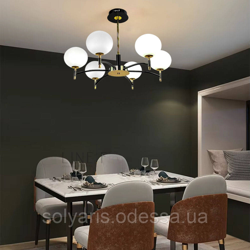 Чорна люстра із золотою фурнітурою на 6 білих плафонів Ø70 см MJ22214/6 BK+AB+WT, фото 1
