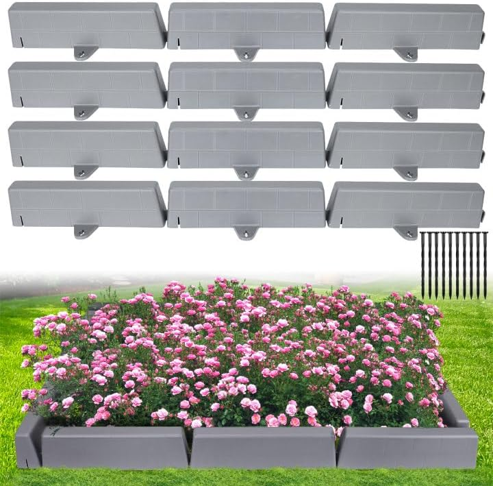 38 шт. пластиковий бордюр для газону та клумби, садова окантовка, палісад, декоративна огорожа, сірий, фото 1