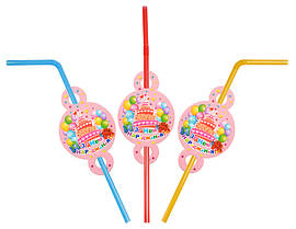 Трубочки для напоїв з гофрою "З Днем народження" рожевий 8 шт