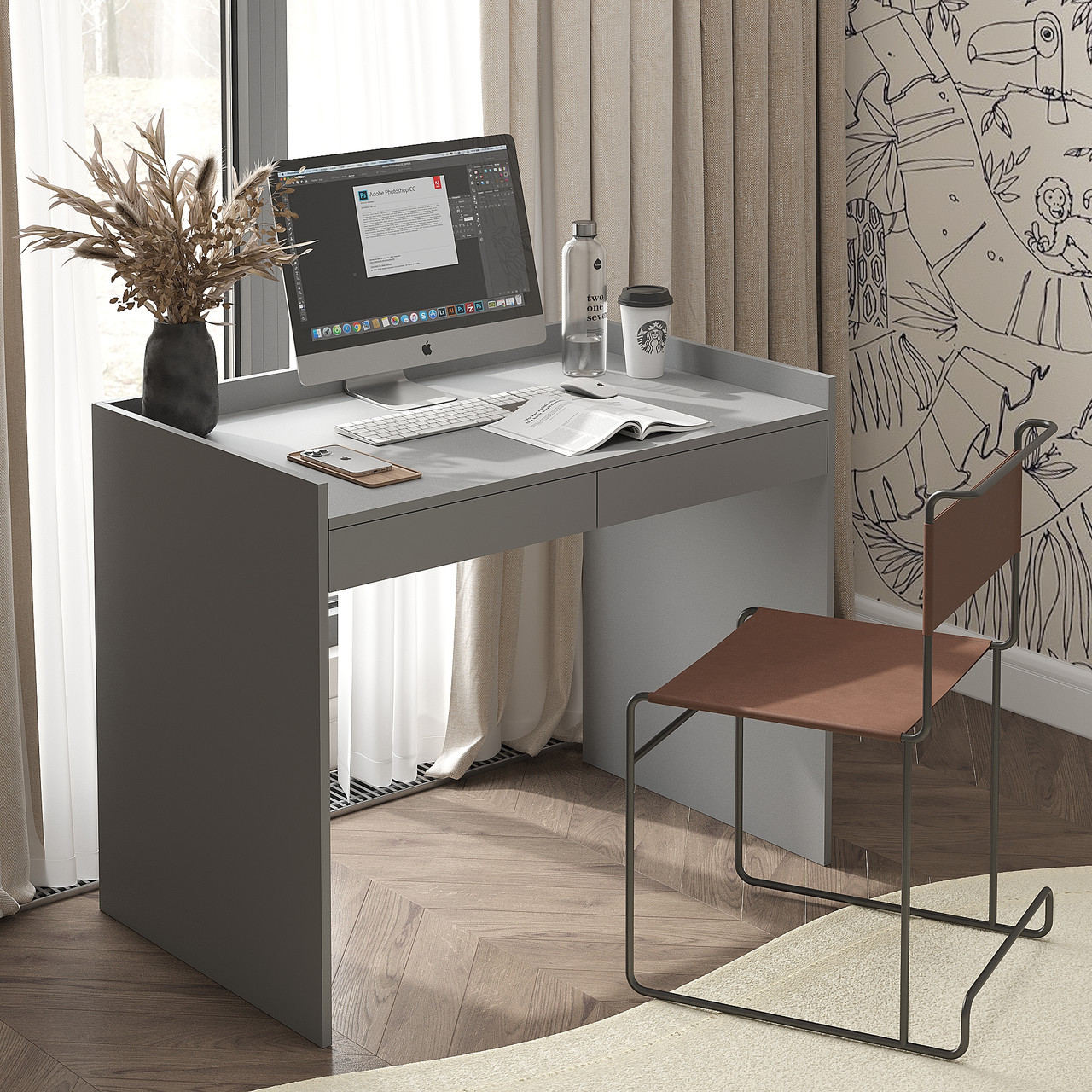 Письмовий стіл з бортиками та двома шухлядами 800×1000×600 мм Антрацит, фото 1