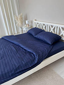 Комплект постільної білизни Страйп сатин Темно-синій Євро розмір 200х220