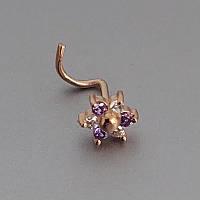 Пірсинг у ніс квітка із золота з фіолетовими та білими фіанітами