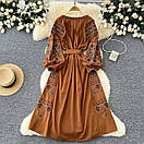 Вишите плаття бохо міді з поясом довгий рукав  плаття з вишивкою, фото 2