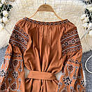 Вишите плаття бохо міді з поясом довгий рукав  плаття з вишивкою, фото 8