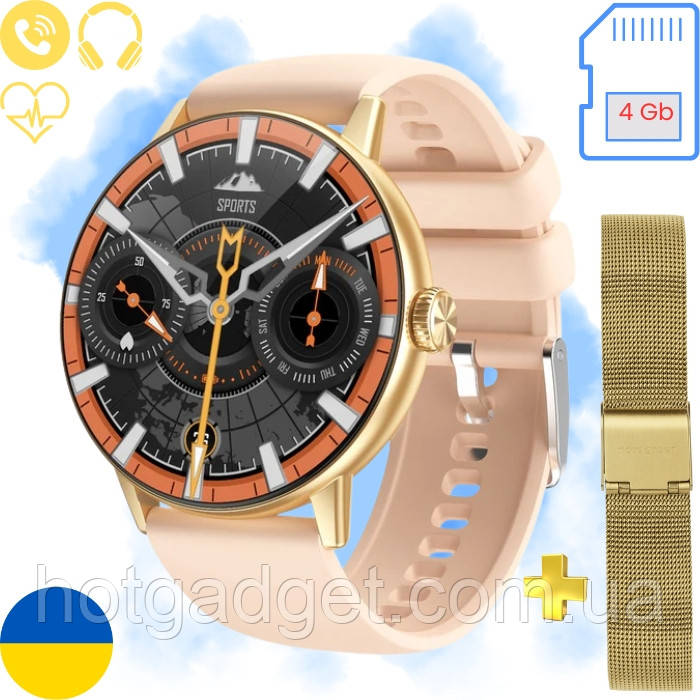 Смарт-годинник жіночий NO.1 DT M5 Gold (розмова, пульсоксиметр, диктофон, плеєр 4Gb) 2 ремінці Amoled екран, фото 1