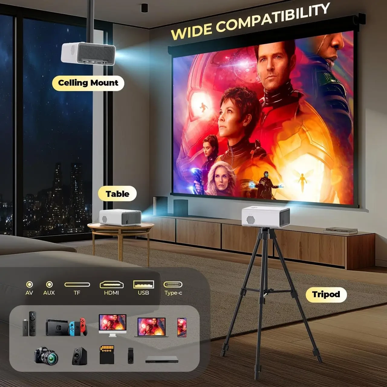 Портативний мультимедійний проєктор YUZINO V6 з Wi-Fi та Bluetooth HDMI Мініпроєктор із вбудованими динаміками, фото 1