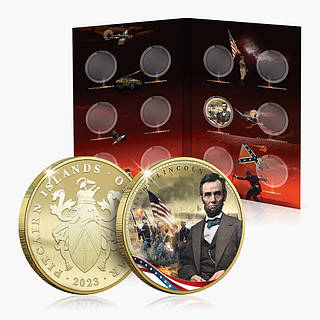 1 долар, острови Піткерн, 2023 – “Авраам Лінкольн” - Військові лідери США. Монета покрита 24-каратним золотом. Законний платіжний