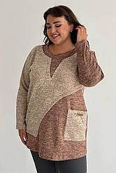 Тепла жіноча туніка на флісі беж батал зимова з кишенею