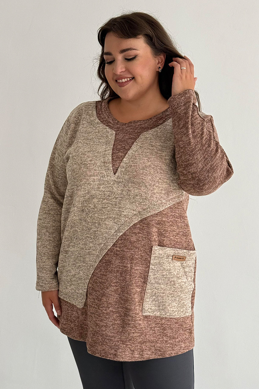 Жіноча туніка батал на флісі зимова великі розміри 56-58 з кишенею бежева