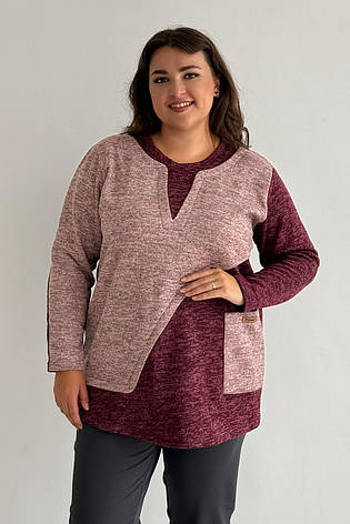Тепла туніка великих розмірів жіноча бордо флісова зимова стильна, фото 1