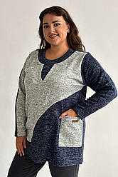 Жіноча туніка великих розмірів на флісі синя зимова тепла з кишенею синя