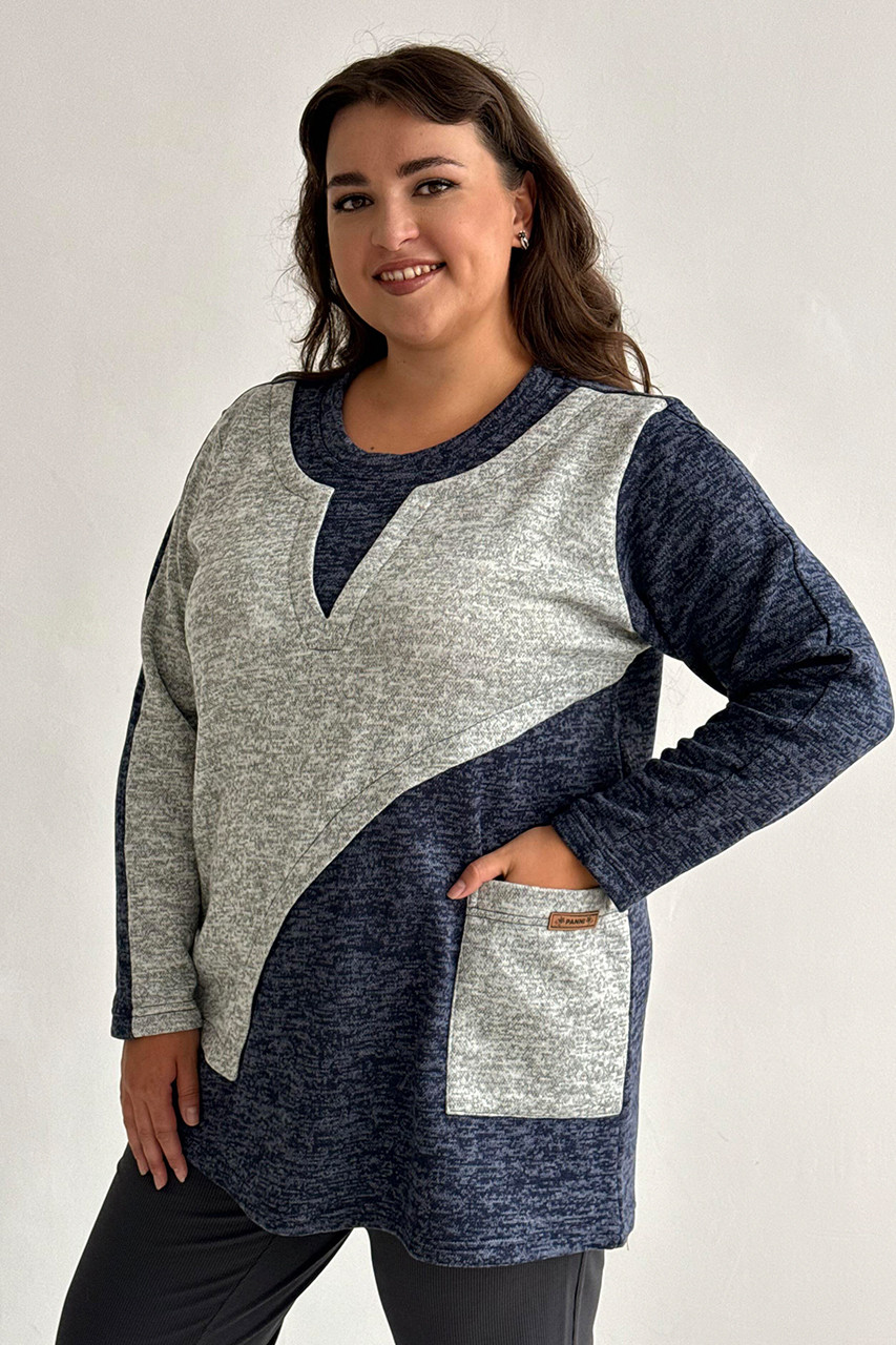 Жіноча туніка батал тепла на флісі великих розмірів 52-66 синя зимова