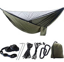 Туристичний підвісний гамак з москітною сіткою та тентом, Хакі (270×150см) РП7327