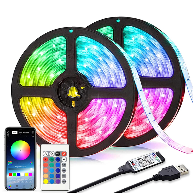 Світлодіодна стрічка LED 20 м SMD 5050 USB з Bluetooth керуванням та пультом 24 кнопки RGB для підсвітки, фото 1