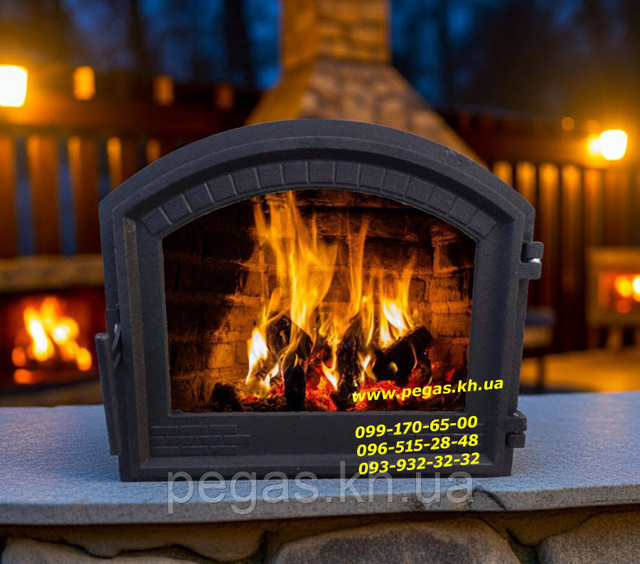 Дверцята чавунна дверка зі склом на камін, піч, грубу, барбекю, мангал, фото 1