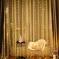 LED гірлянда штора 3x3 м, 300 LED тепле біле світло, USB, пульт, 8 режимів