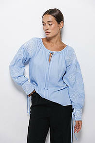 Жіноча вишиванка з геометрією гладдю та зав'язками на манжетах MKAR35212