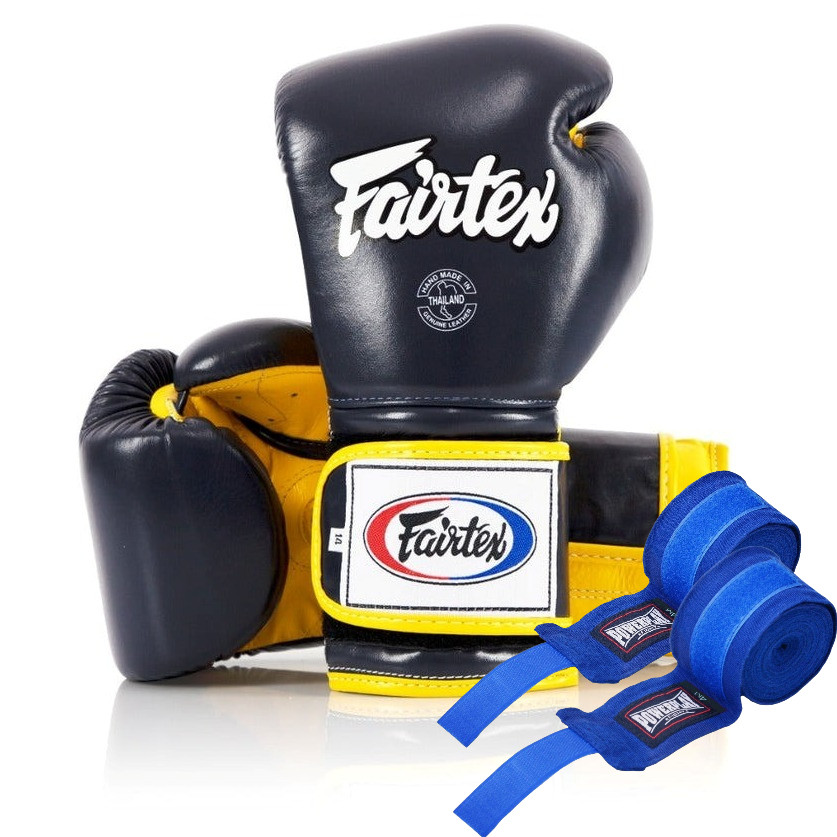 Боксерські рукавиці Fairtex BGV9, Сині, шкіряні, 16 унцій (454г.) для спортсменів 90-100 кг. + бинти, фото 1