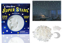Набір фосфорних наклейок Super Star 200 зірок та місяць, що світяться у темряві 3D стікери на стелю та стіни