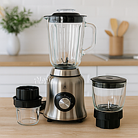 Блендер стаціонарний 3в1 з кавомолкою та подрібнювачем Henschll 1000 Вт, з 2 швидкостями та скляною чашею, HS-8891