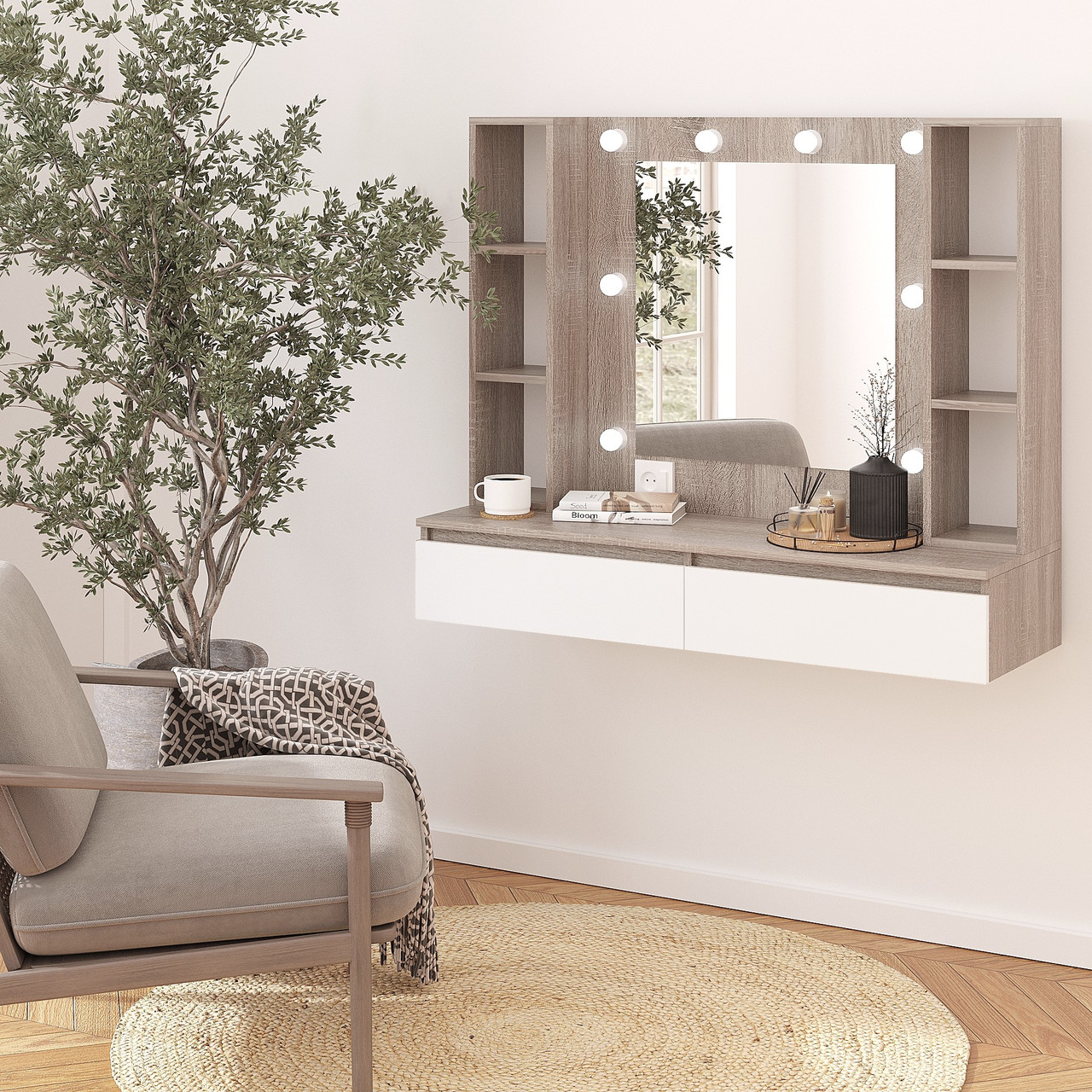 Туалетний столик підвісний з підсвіткою 1000х1200х400 мм Дуб Сонома трюфель/Білий, фото 1