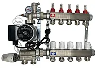 Колектор для теплої підлоги Nolf на 5 контурів (нержавіюча сталь) в зборі з насосом (нижнє підкл.) Німеччина