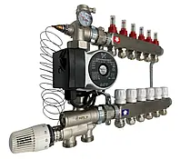 Колектор для теплої підлоги Nolf на 6 контурів (Нержавіюча сталь) в зборі з насосом (нижнє підкл.) Німеччина