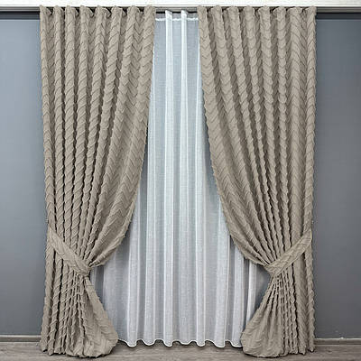 Комплект (2шт 1x2,7м + 3х2,7м) штор Льон Букле з тюлем, колір тауп з білим (1809ш-115т) 71-043/1