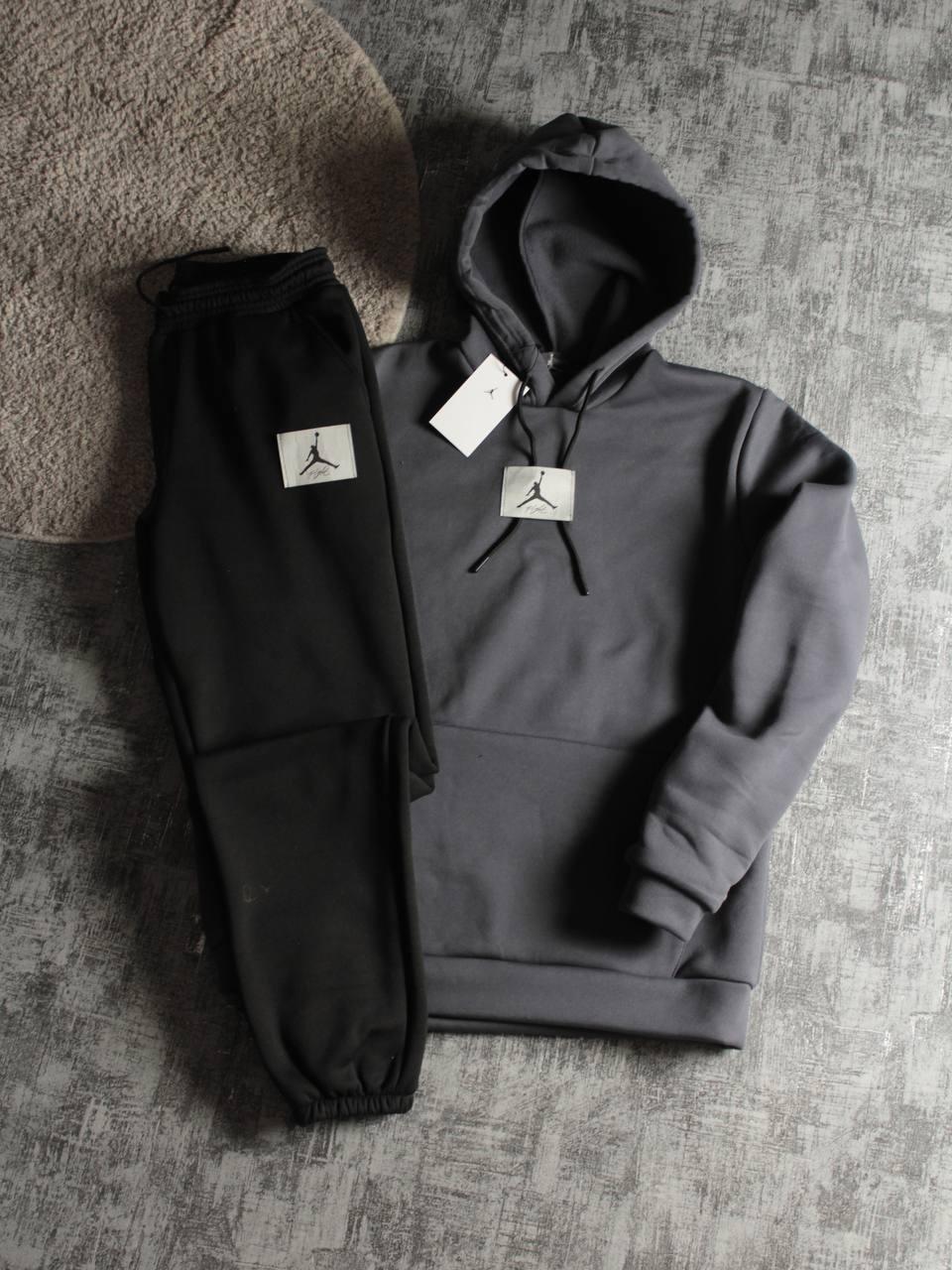 Чоловічий зимовий спортивний костюм Jordan сіро-чорний на флісі Комплект Джордан з капюшоном, фото 1