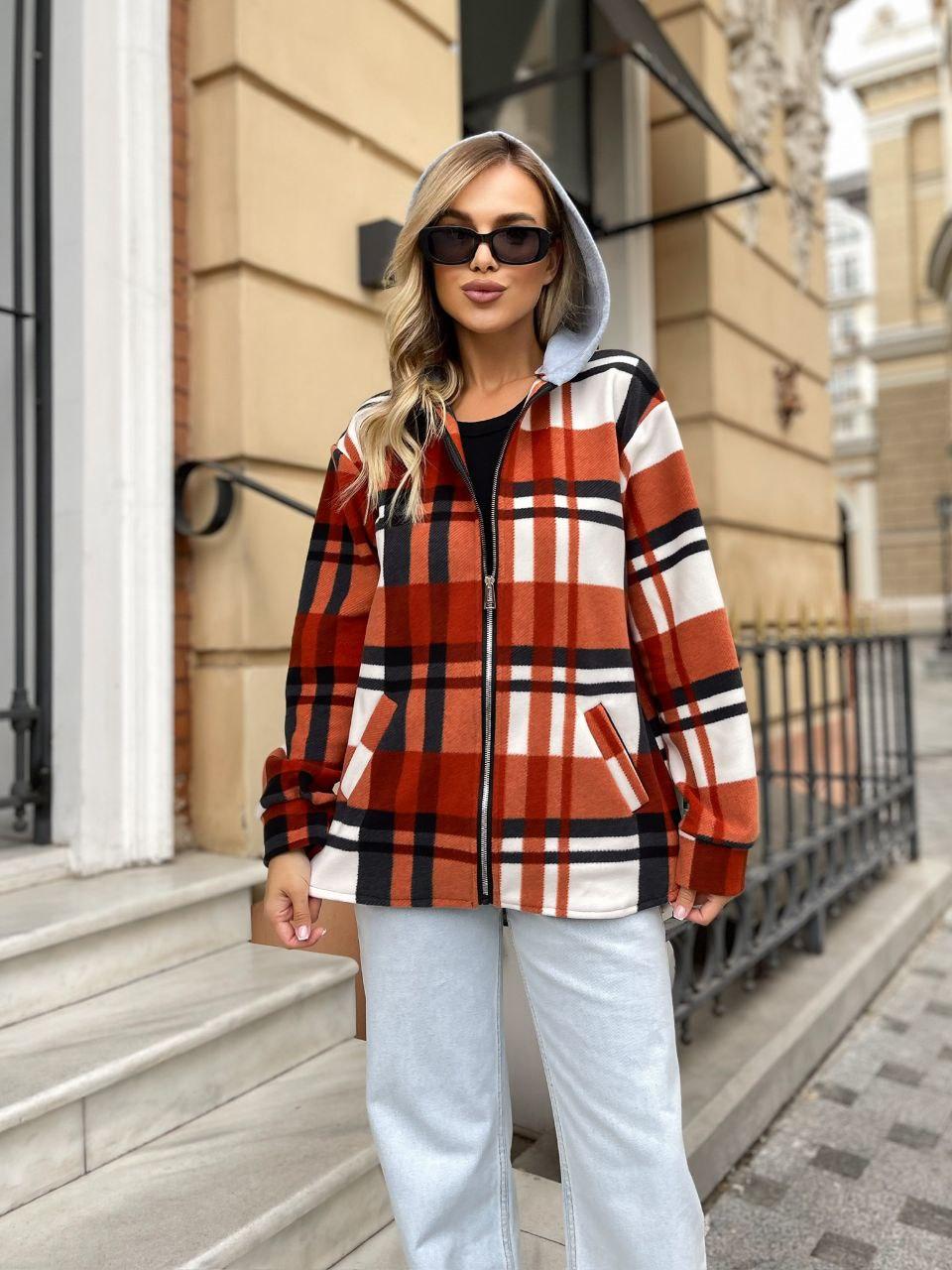 Модна жіноча картата подовжена флісова базова тепла сорочка в клітку осіння кофта на блискавці фліс, фото 1
