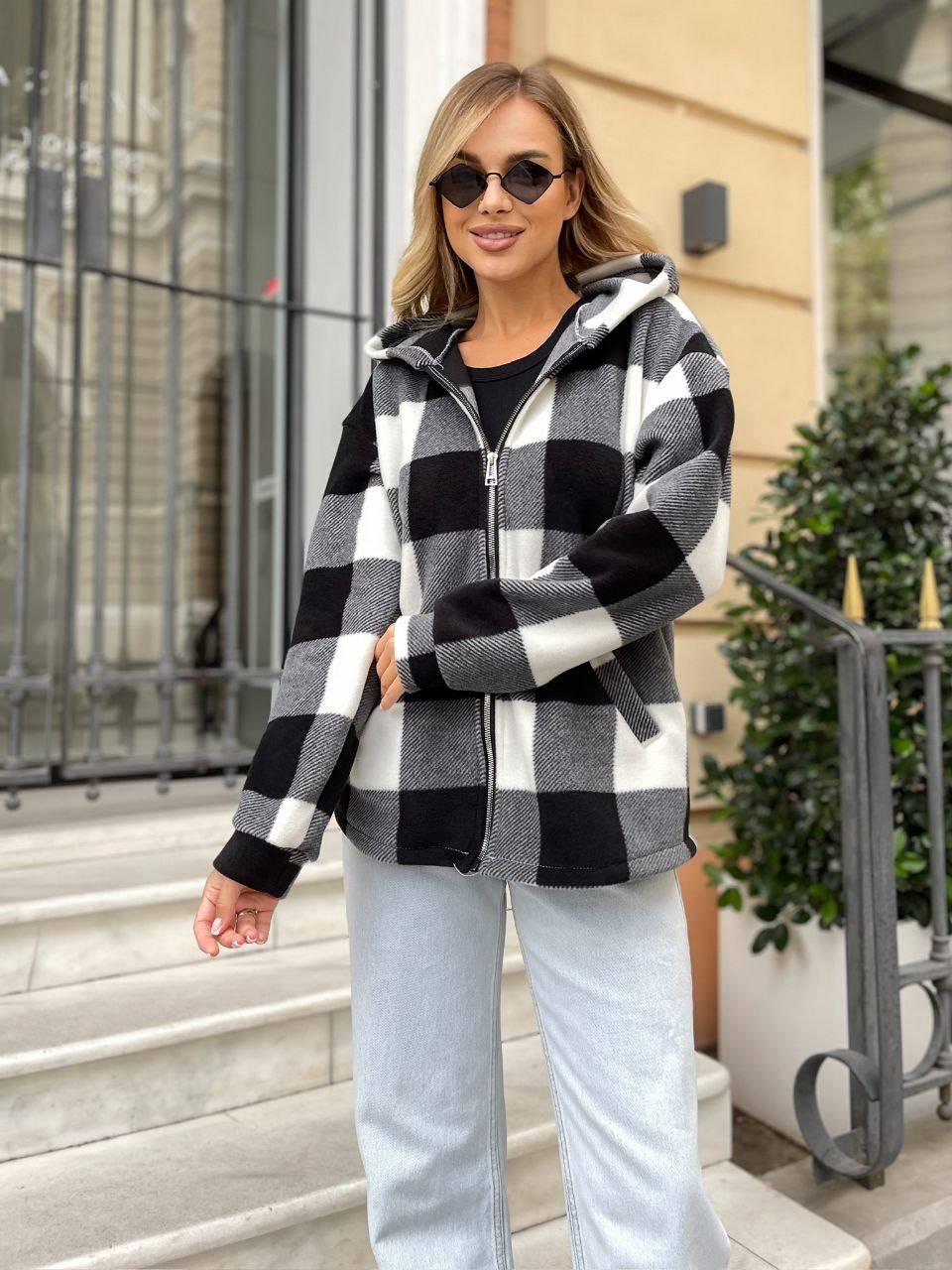 Модна жіноча картата флісова базова тепла сорочка в клітку осіння кофта на блискавці фліс полар, фото 1