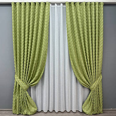 Комплект (2шт 1x2,7м + 3х2,7м) штор Льон Букле з тюлем, колір оливковий з білим (1805ш-115т) 71-044/1