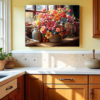 Картина Квіти у вазі Букет квітів Настінний декор для кухні, спальні, вітальні Друк на холсті 60х46см