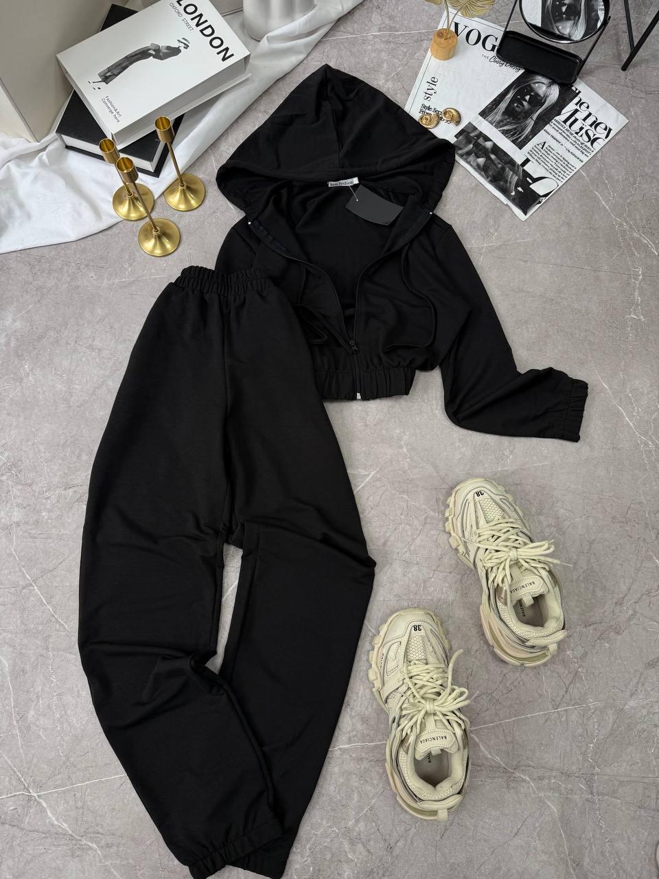 Жіночий осінній базовий прогулянковий костюм двойка кофта толстовка худі на блискавці штани на манжеті двонитка, фото 1