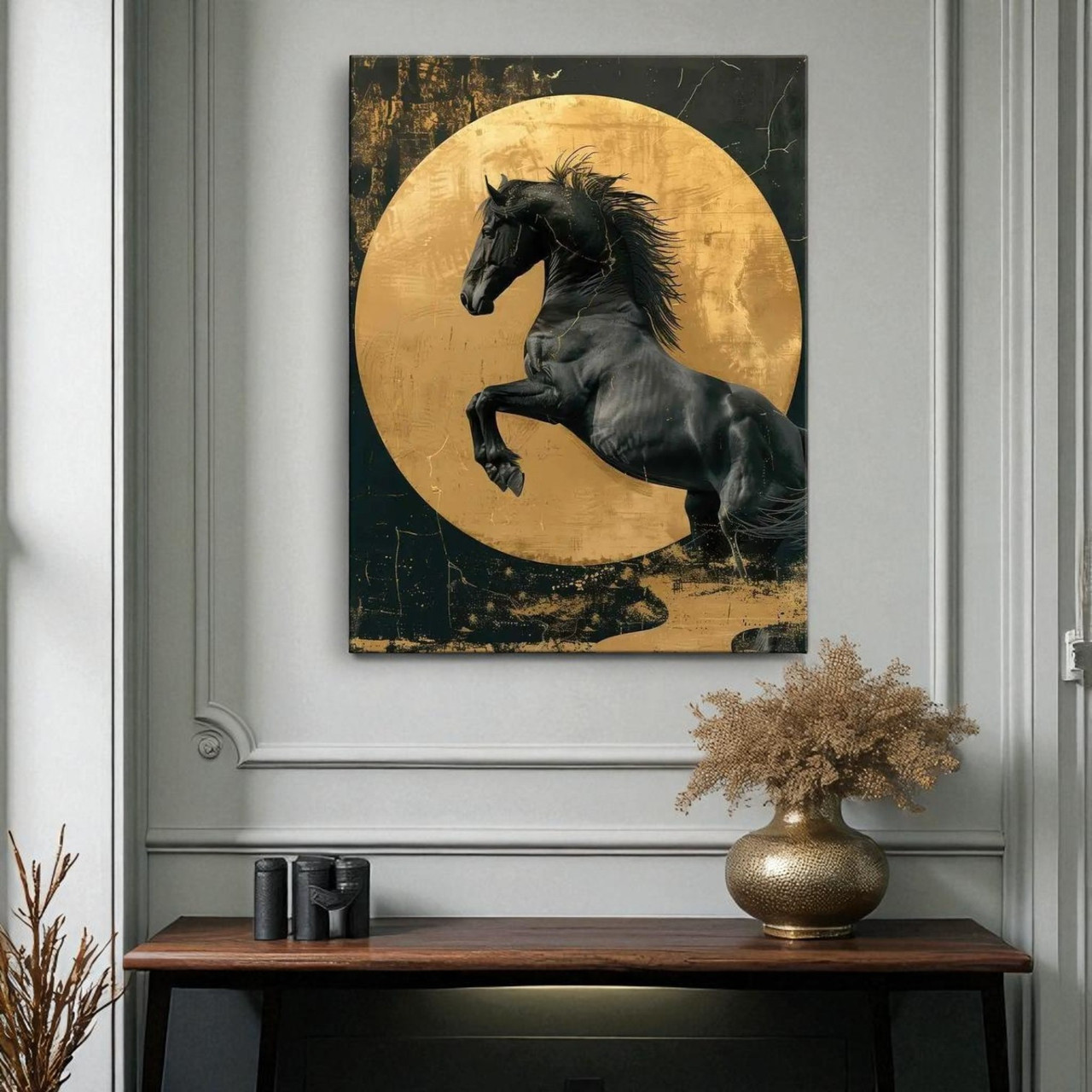 Картина Чорний кінь на фоні золотого місяця Чорний кінь Сучасний настінний декор Друк на полотні 60х46см, фото 1