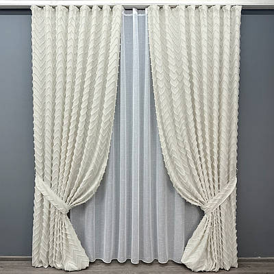 Комплект (2шт 2x2,7м + 6х2,7м) штор Льон Букле з тюлем, колір молочний з білим (1815ш-115т) 71-045/7