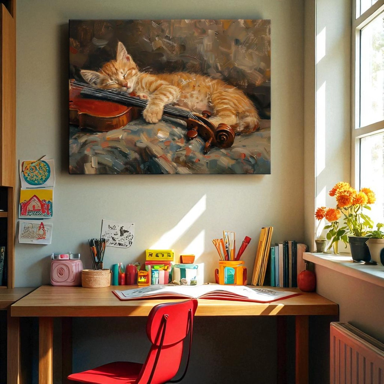 Картина з милим сплячим котиком Рудий кіт Декор для дитячої, спальні Друк на полотні 30х23см, фото 1