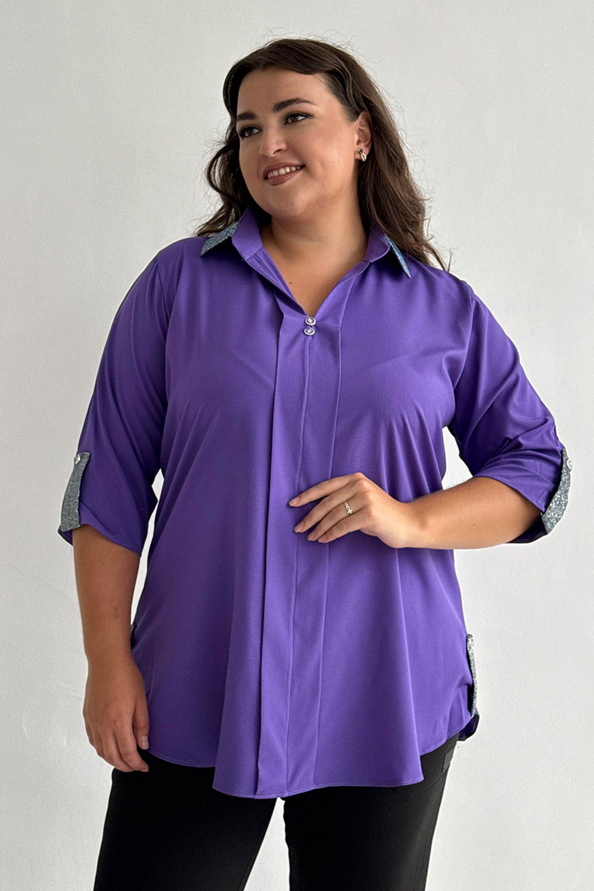 Туніка великих розмірів бузкова ошатна з обробкою