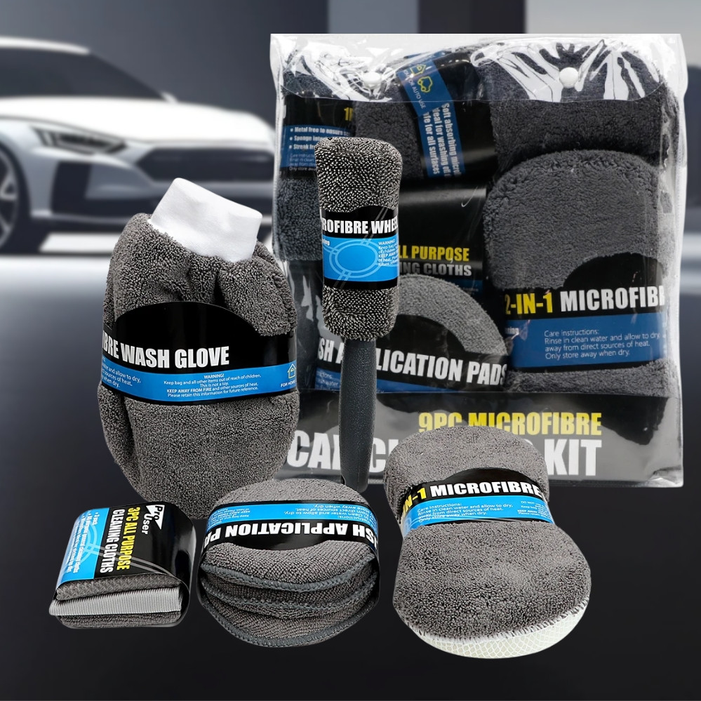 Набір для чищення та миття автомобіля 9 предметів Комплект губок та серветок з мікрофібри по догляду за авто, фото 1