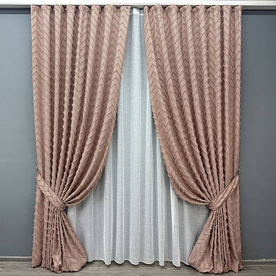 Комплект (2шт 1x2,7м + 3х2,7м) штор Льон Букле з тюлем, колір пудровий з білим (1811ш-115т) 71-046/1